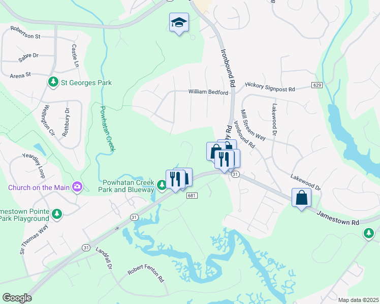 map of restaurants, bars, coffee shops, grocery stores, and more near 1811 Jamestown Road in Williamsburg