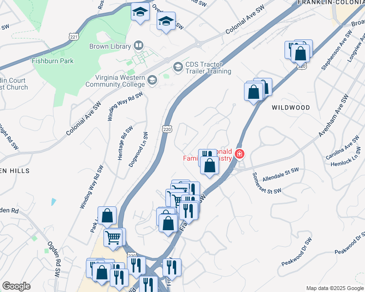 map of restaurants, bars, coffee shops, grocery stores, and more near 834 Duke of Gloucester Street Southwest in Roanoke