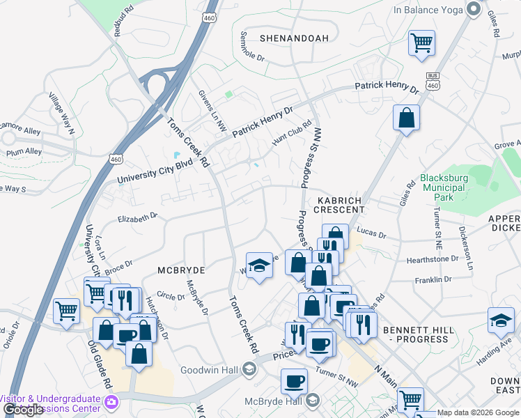map of restaurants, bars, coffee shops, grocery stores, and more near in Blacksburg