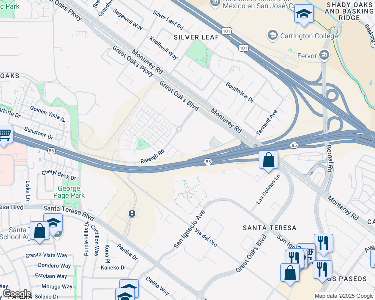 map of restaurants, bars, coffee shops, grocery stores, and more near 6701 Optimum Loop in San Jose
