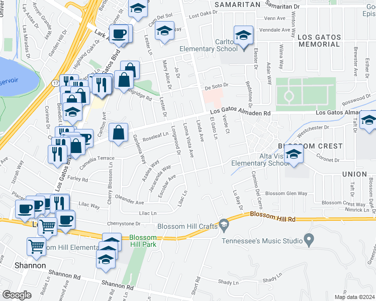 map of restaurants, bars, coffee shops, grocery stores, and more near 15661 Loma Vista Avenue in Los Gatos