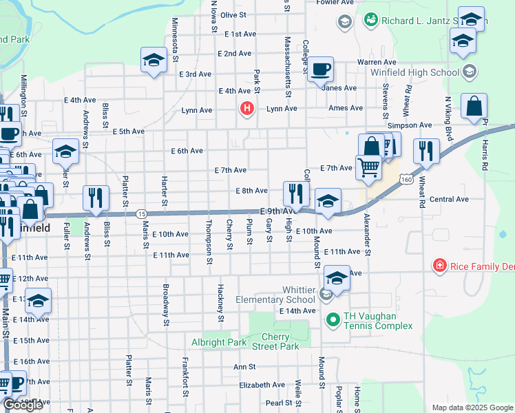 map of restaurants, bars, coffee shops, grocery stores, and more near 1310 East 9th Avenue in Winfield