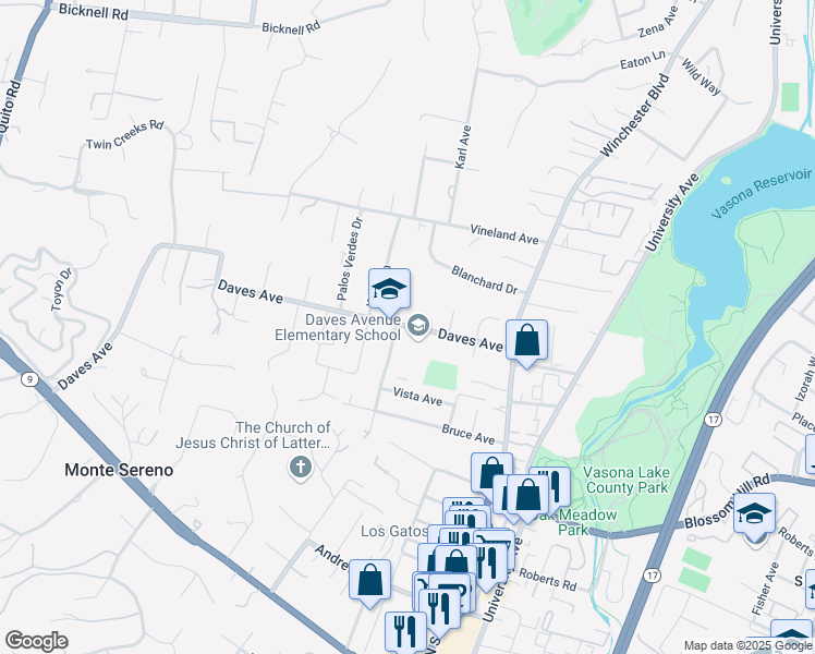 map of restaurants, bars, coffee shops, grocery stores, and more near 17770 Daves Avenue in Monte Sereno