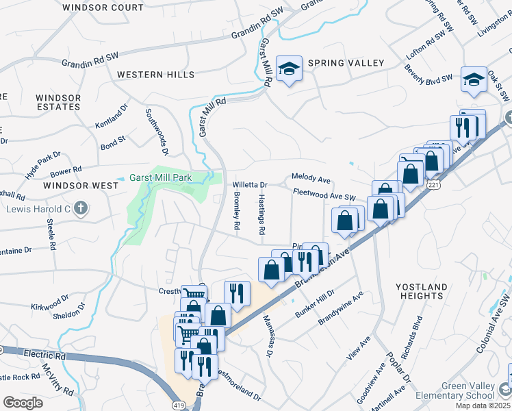 map of restaurants, bars, coffee shops, grocery stores, and more near 3235 Hastings Road in Cave Spring