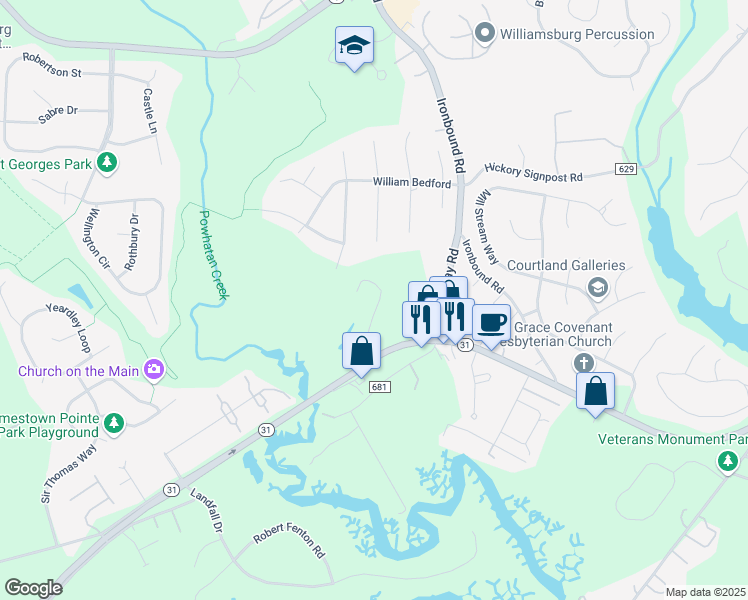 map of restaurants, bars, coffee shops, grocery stores, and more near 1811 Jamestown Road in Williamsburg