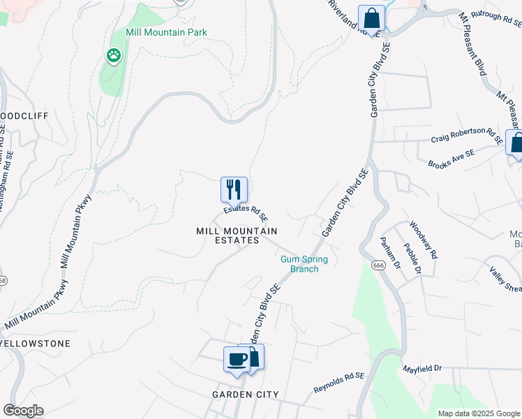 map of restaurants, bars, coffee shops, grocery stores, and more near 1020 Estates Road Southeast in Roanoke