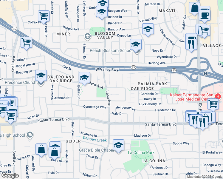 map of restaurants, bars, coffee shops, grocery stores, and more near 294 Calero Avenue in San Jose