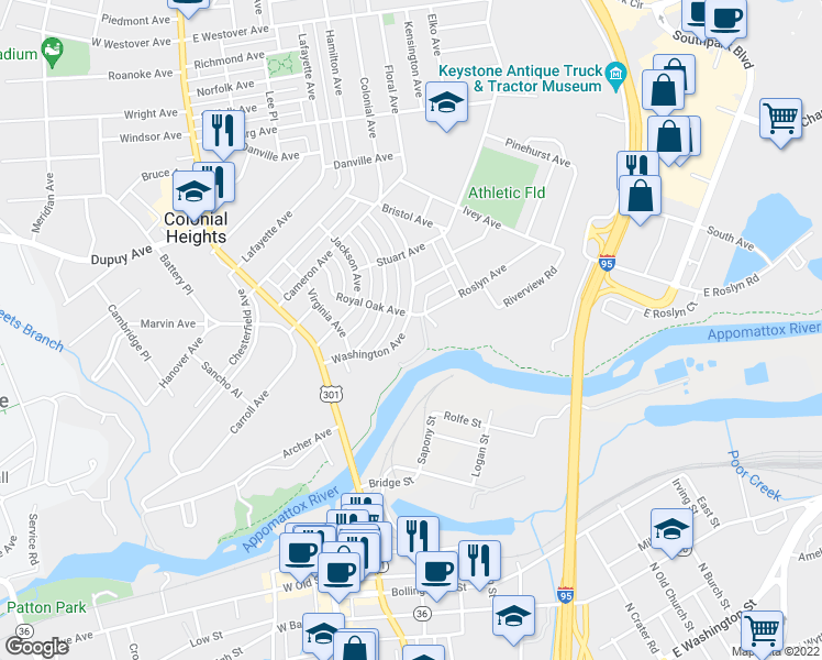 map of restaurants, bars, coffee shops, grocery stores, and more near 259 Washington Avenue in Colonial Heights