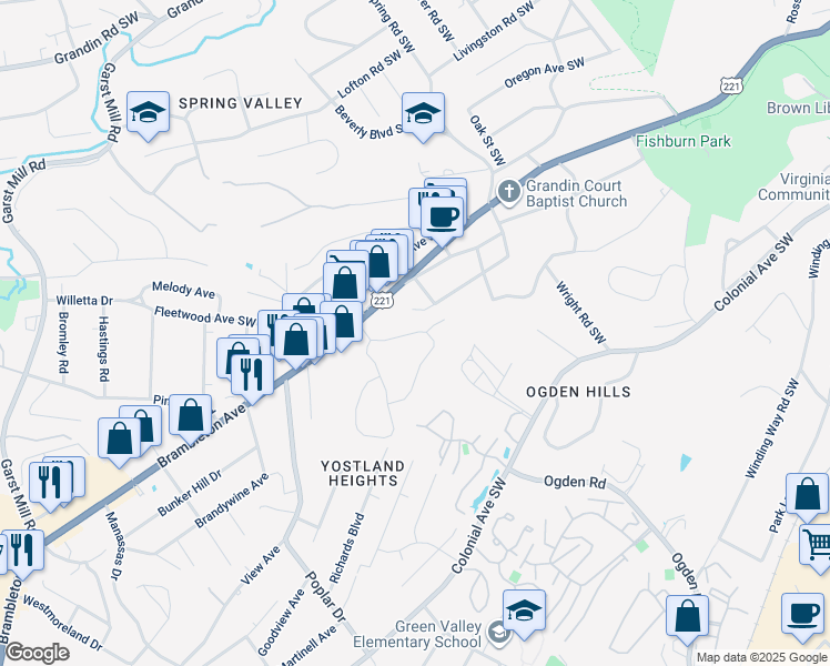 map of restaurants, bars, coffee shops, grocery stores, and more near Timberlane Avenue in Roanoke