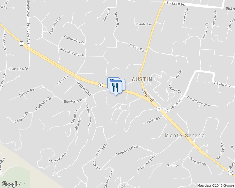 map of restaurants, bars, coffee shops, grocery stores, and more near 18840 Saratoga Los Gatos Road in Los Gatos