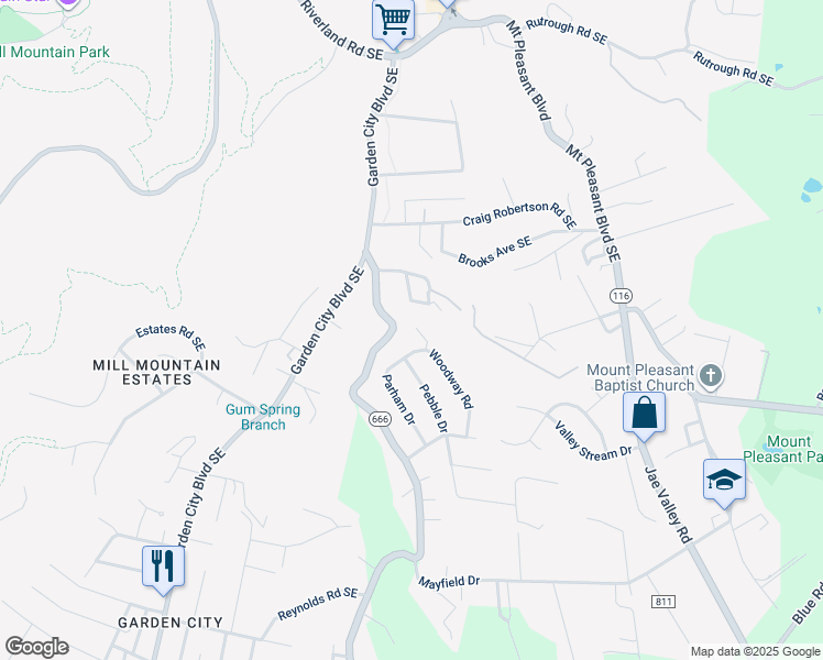 map of restaurants, bars, coffee shops, grocery stores, and more near 3014 Woodway Road in Roanoke