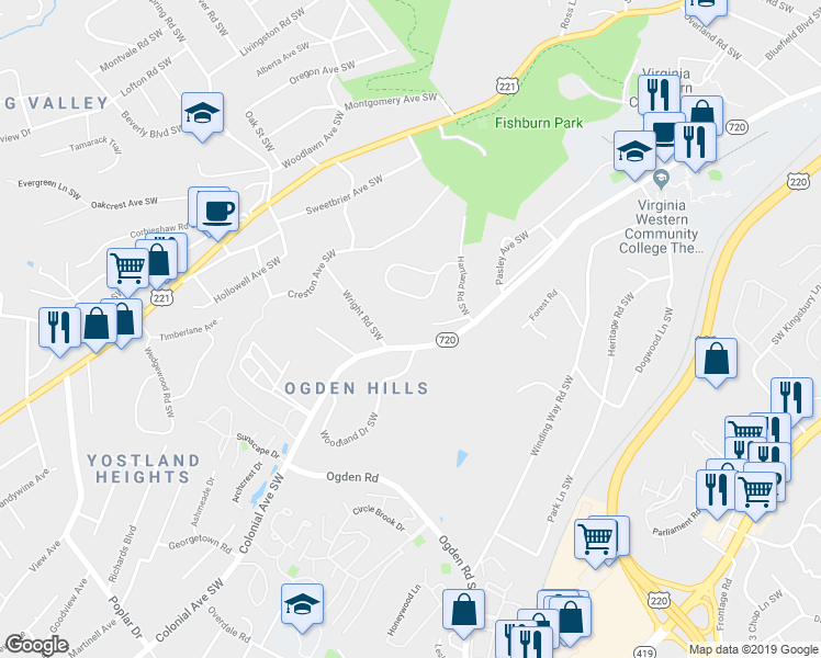 map of restaurants, bars, coffee shops, grocery stores, and more near 3213 Colonial Avenue Southwest in Roanoke