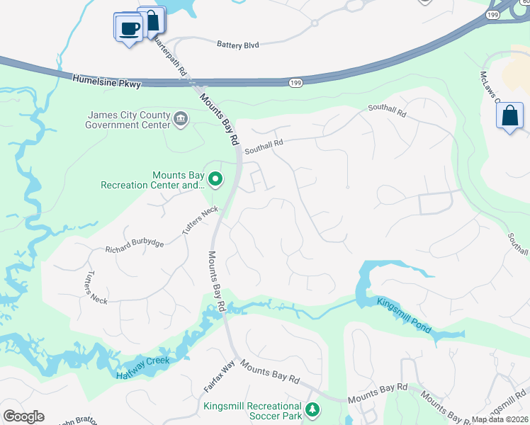 map of restaurants, bars, coffee shops, grocery stores, and more near 216 East Tazewells Way in Williamsburg