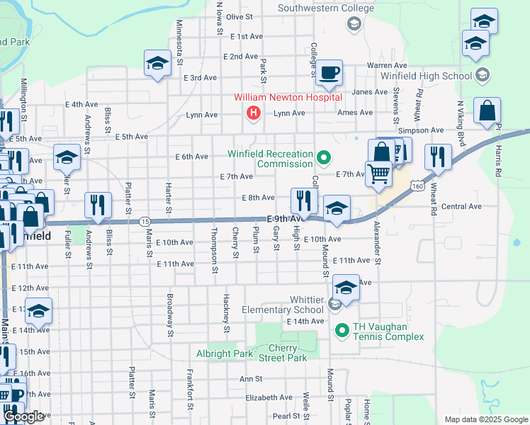 map of restaurants, bars, coffee shops, grocery stores, and more near 1310 East 9th Avenue in Winfield