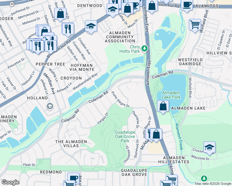 map of restaurants, bars, coffee shops, grocery stores, and more near 5817 Porto Alegre Drive in San Jose