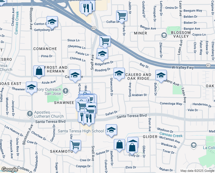 map of restaurants, bars, coffee shops, grocery stores, and more near 472 Tuscarora Drive in San Jose