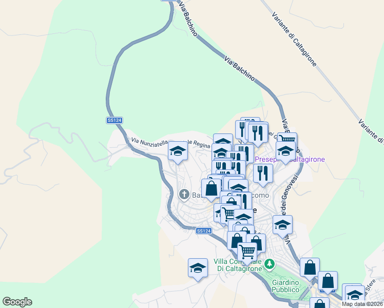 map of restaurants, bars, coffee shops, grocery stores, and more near 52 Via Monsignor Saverio Gerbino in Caltagirone