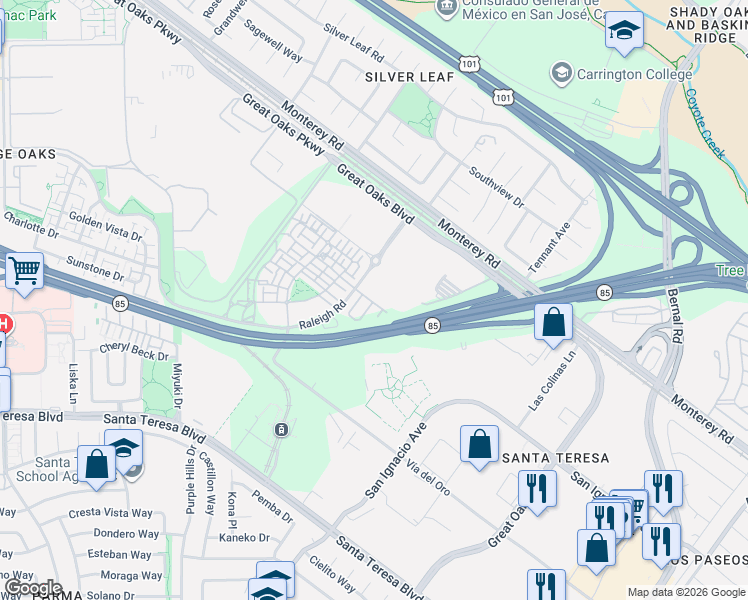map of restaurants, bars, coffee shops, grocery stores, and more near 7 Great Oaks Boulevard in San Jose