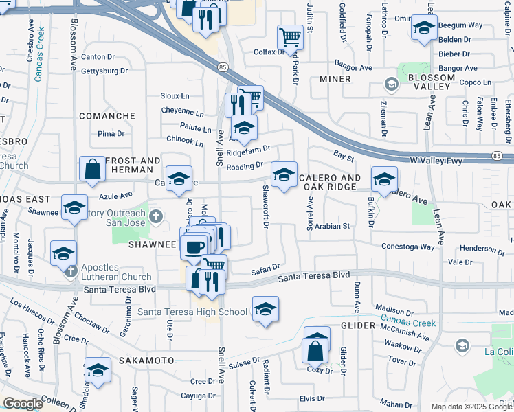 map of restaurants, bars, coffee shops, grocery stores, and more near 472 Tuscarora Drive in San Jose