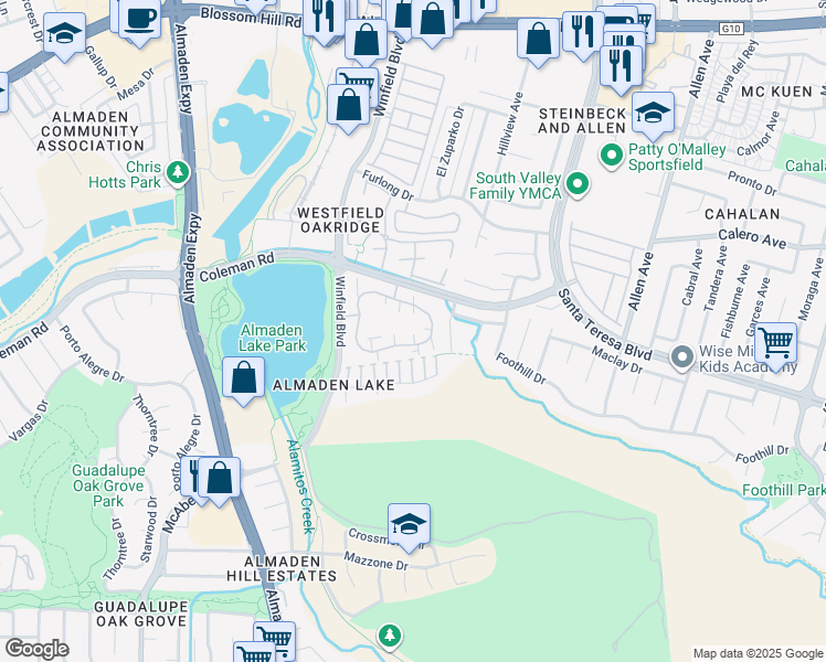 map of restaurants, bars, coffee shops, grocery stores, and more near 1715 La Terrace Circle in San Jose