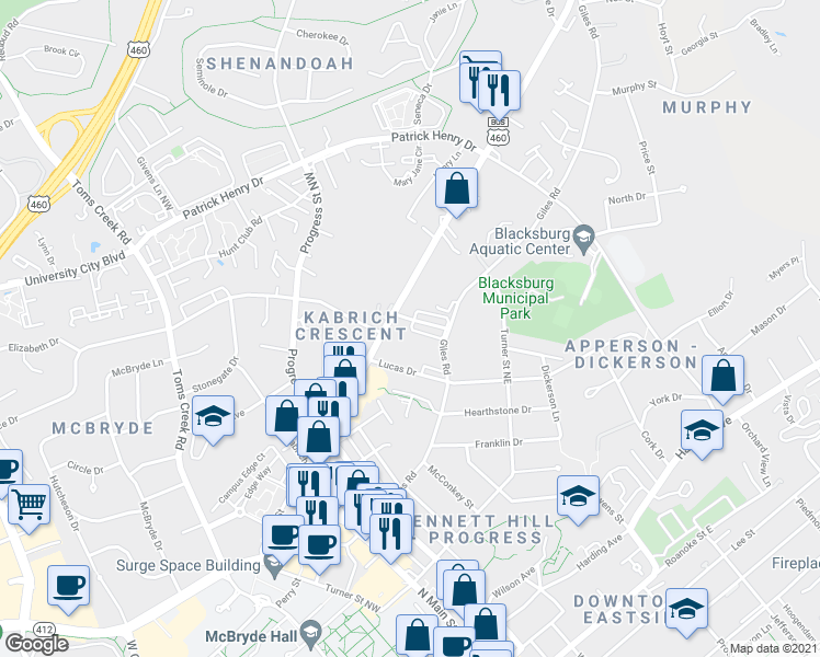 map of restaurants, bars, coffee shops, grocery stores, and more near 607 Giles Road in Blacksburg