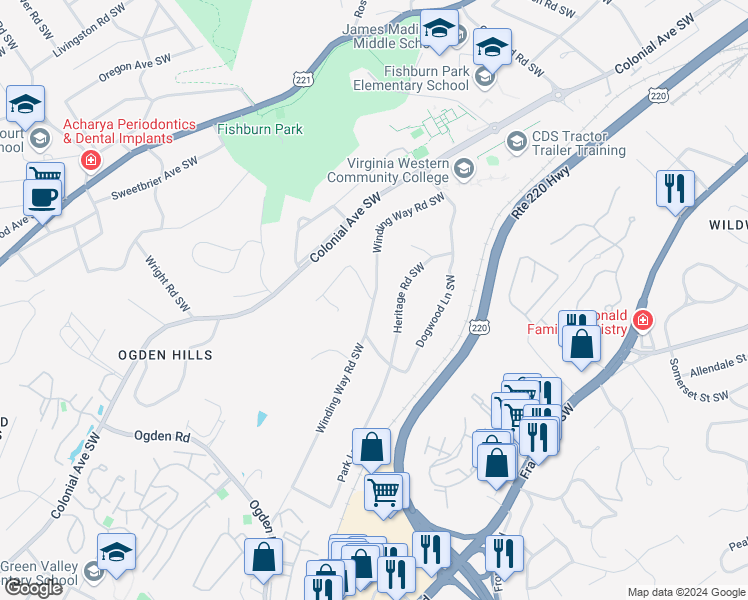 map of restaurants, bars, coffee shops, grocery stores, and more near Winding Way Road Southwest in Roanoke