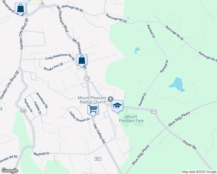 map of restaurants, bars, coffee shops, grocery stores, and more near 2874 Oakshire Lane in Roanoke