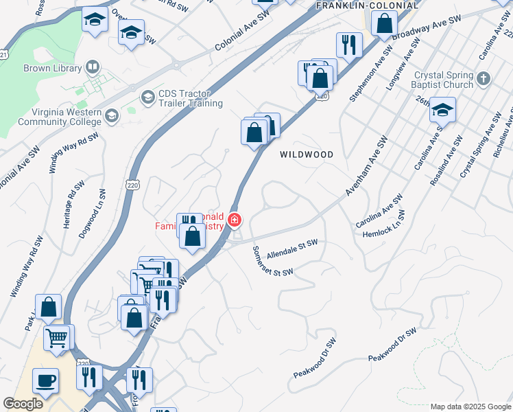 map of restaurants, bars, coffee shops, grocery stores, and more near 3235 White Oak Road Southwest in Roanoke