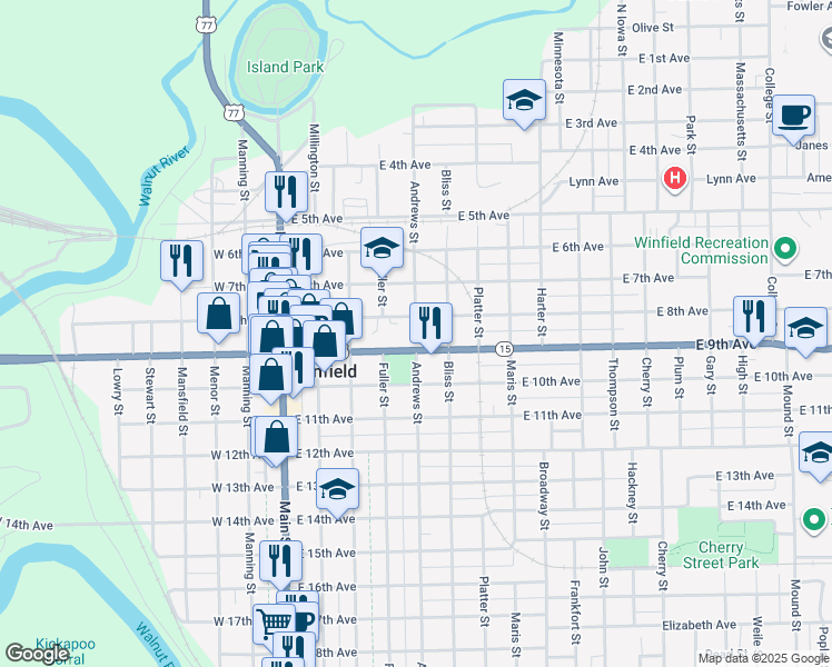 map of restaurants, bars, coffee shops, grocery stores, and more near 400 East 9th Avenue in Winfield
