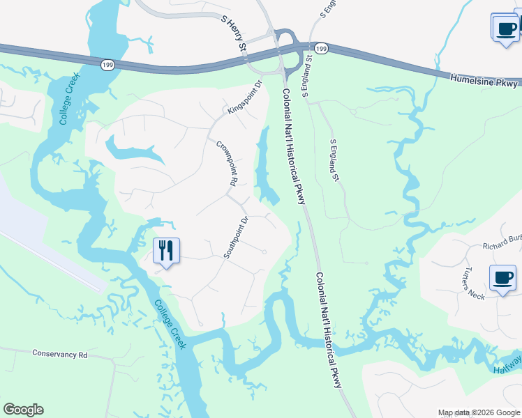 map of restaurants, bars, coffee shops, grocery stores, and more near 108 Overlook Drive in Williamsburg