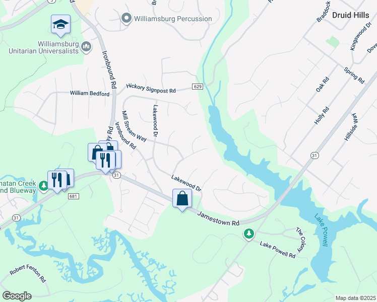 map of restaurants, bars, coffee shops, grocery stores, and more near 101 Harvest Circle in Williamsburg