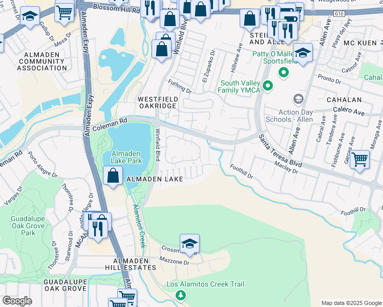 map of restaurants, bars, coffee shops, grocery stores, and more near 1715 La Terrace Circle in San Jose