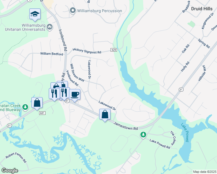 map of restaurants, bars, coffee shops, grocery stores, and more near 101 Harvest Circle in Williamsburg