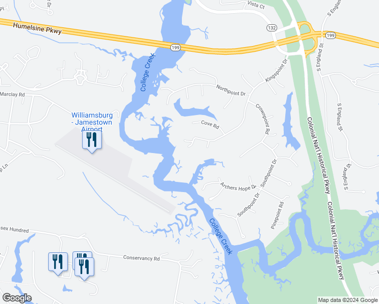 map of restaurants, bars, coffee shops, grocery stores, and more near 140 Kingspoint Drive in Williamsburg