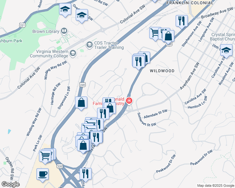 map of restaurants, bars, coffee shops, grocery stores, and more near 3341 Southwest Kingsbury Circle in Roanoke