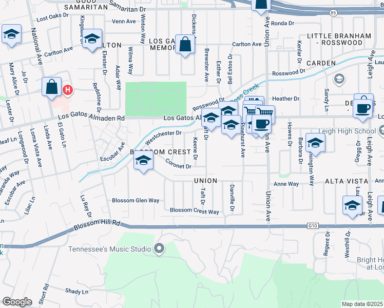 map of restaurants, bars, coffee shops, grocery stores, and more near 5333 Keene Drive in San Jose