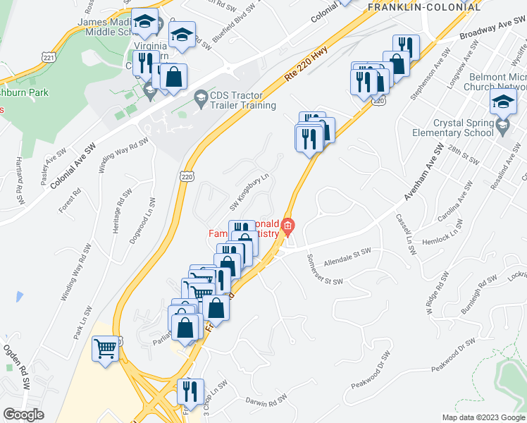 map of restaurants, bars, coffee shops, grocery stores, and more near 3341 Southwest Kingsbury Circle in Roanoke