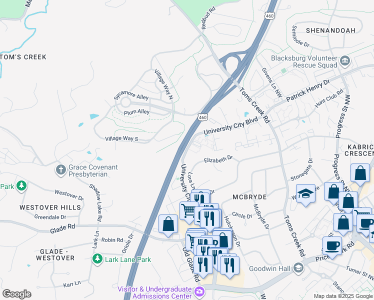 map of restaurants, bars, coffee shops, grocery stores, and more near 1113 University City Boulevard in Blacksburg