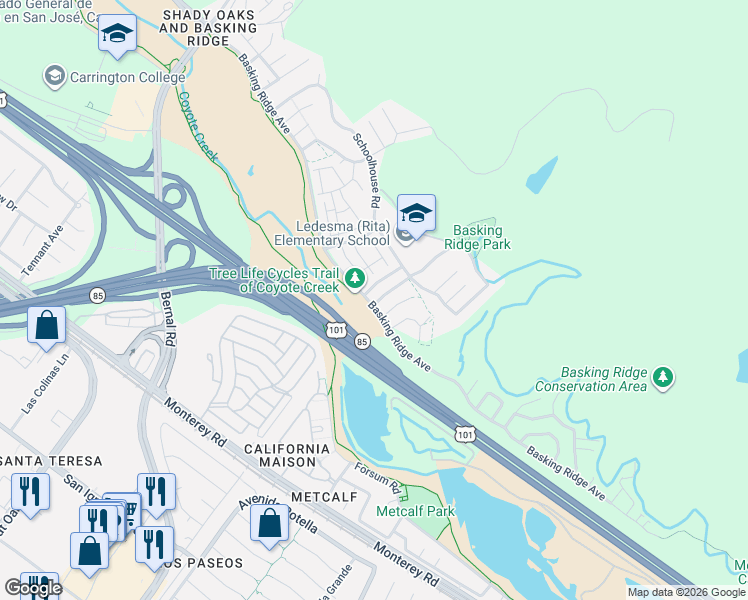 map of restaurants, bars, coffee shops, grocery stores, and more near 402 Chelsea Crossing in San Jose
