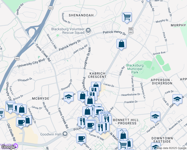 map of restaurants, bars, coffee shops, grocery stores, and more near 1014 Montgomery Street Northwest in Blacksburg