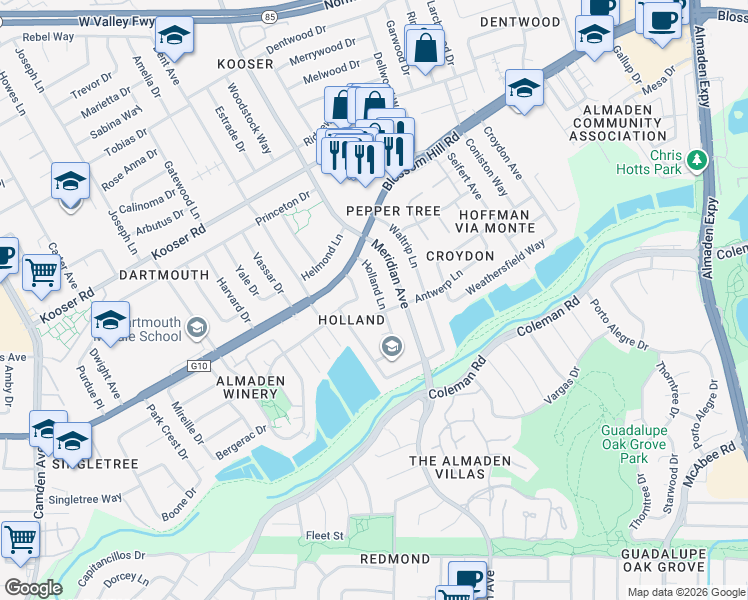 map of restaurants, bars, coffee shops, grocery stores, and more near 5702 Holland Lane in San Jose