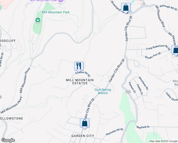 map of restaurants, bars, coffee shops, grocery stores, and more near 1020 Estates Road Southeast in Roanoke