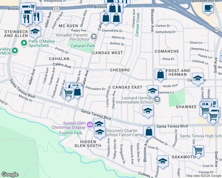 map of restaurants, bars, coffee shops, grocery stores, and more near 5986 Loma Prieta Drive in San Jose