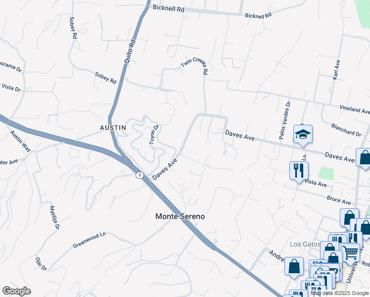 map of restaurants, bars, coffee shops, grocery stores, and more near 18305 Constitution Avenue in Monte Sereno
