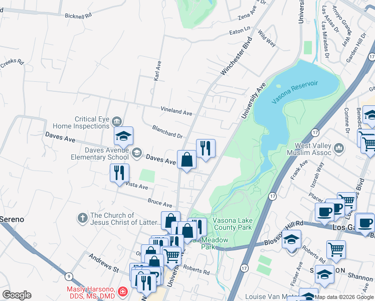 map of restaurants, bars, coffee shops, grocery stores, and more near 15670 Winchester Boulevard in Los Gatos