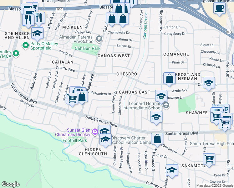map of restaurants, bars, coffee shops, grocery stores, and more near 5986 Loma Prieta Drive in San Jose