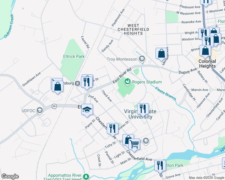 map of restaurants, bars, coffee shops, grocery stores, and more near 3400 Watson Street in Petersburg