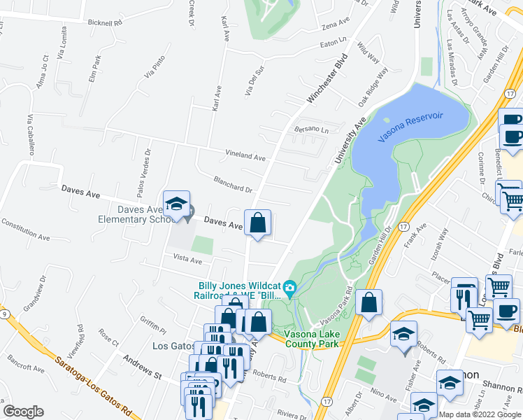 map of restaurants, bars, coffee shops, grocery stores, and more near 15670 Winchester Boulevard in Los Gatos