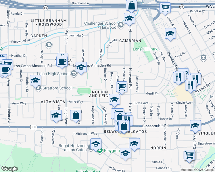 map of restaurants, bars, coffee shops, grocery stores, and more near 5342 Rucker Drive in San Jose