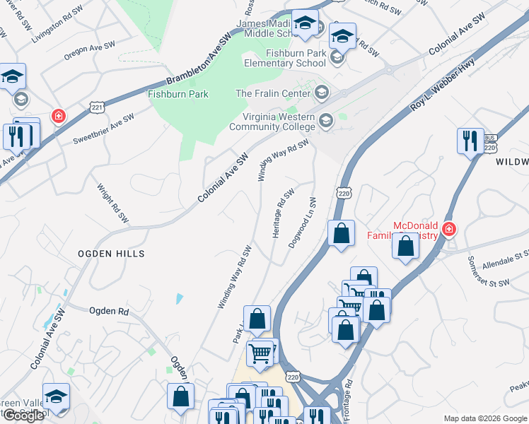 map of restaurants, bars, coffee shops, grocery stores, and more near 3722-3730 Winding Way Road Southwest in Roanoke